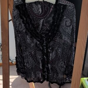 Signature by Larry Levine Black, Maroon, Pink, White Paisley Blouse With Velvet